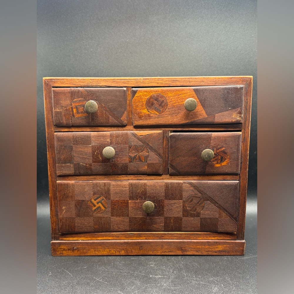 Antique Salesman Sample Handmade Inlaid Wood Dresser with Functional Drawers